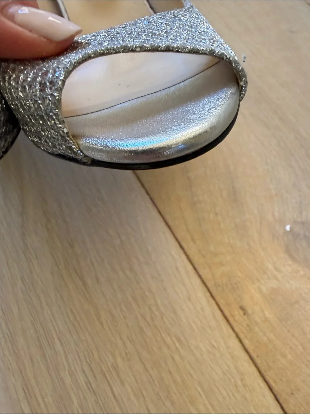 Jimmy Choo Silver Glitter Peep-Toe Wedge Heels